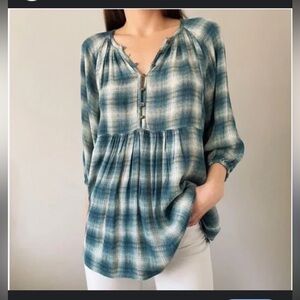 Anthropologie Maeve Cavalon Blue Plaid Peplum Top Size Small